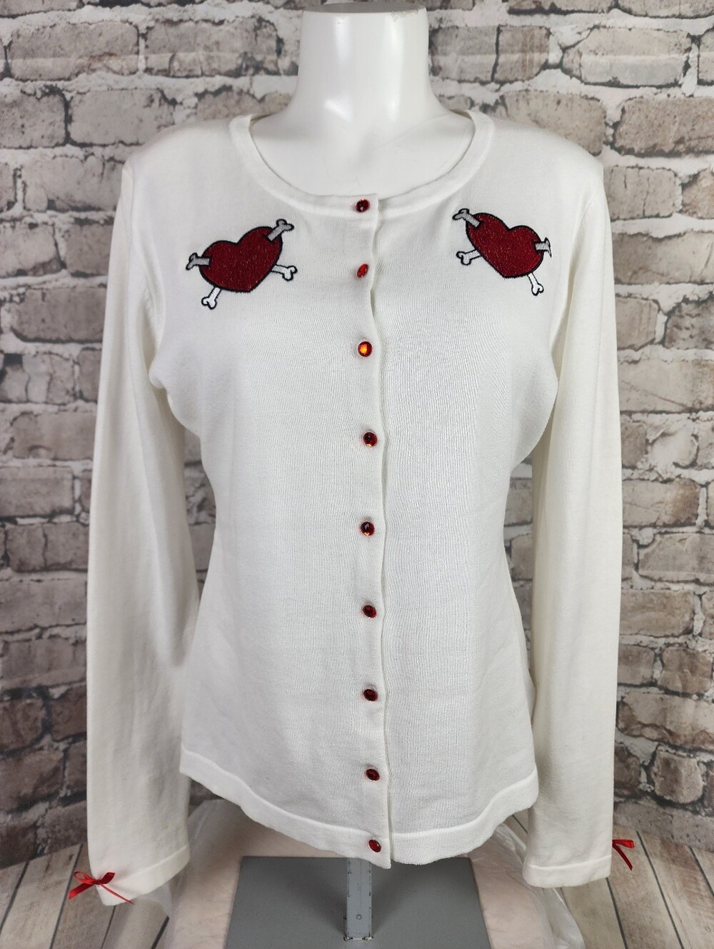 Sourpuss White Cardigan with Red Heart-and-Bones Embroidery - Picture 2 of 15
